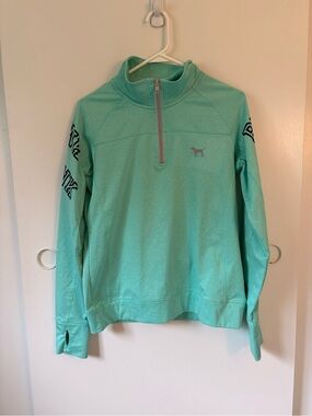 PINK Victoria's Secret Mint Green 1/4 Zip Sweatshirt M Logo Dog Zip Pocket